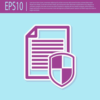Turkuaz arka planda Retro mor Belge koruma konsepti simgesi. Gizli bilgi ve gizlilik fikri, kağıt doc rulo ve koruma kalkanı ile güvenli veri. Düz tasarım. Vektör İllüstrasyonu