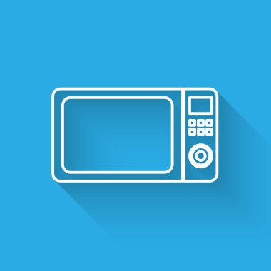 Beyaz Mikrodalga fırın çizgi simgesi uzun gölge ile izole. Ev aletleri simgesi. Vektör İllüstrasyonu