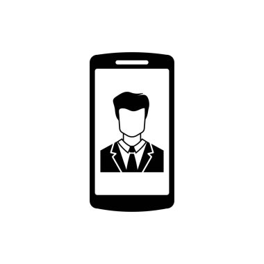 Beyaz arka planda izole edilmiş ekran simgesinde kişi olan Siyah Akıllı Telefon. Gelen arama. Telefon ekranında insan. İletişimi arayın. Vektör İllüstrasyonu