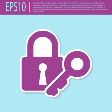 Retro mor Kilit ve turkuaz arka plan üzerinde izole anahtar simgesi. Asma kilit işareti. Güvenlik, güvenlik, koruma, gizlilik kavramı. Vektör İllüstrasyonu
