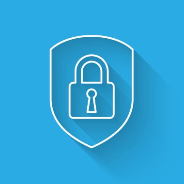 Uzun gölge ile izole kilit hattı simgesi ile Beyaz Kalkan güvenlik. Koruma, güvenlik, şifre güvenliği. Güvenlik duvarı erişim gizlilik işareti. Vektör İllüstrasyonu