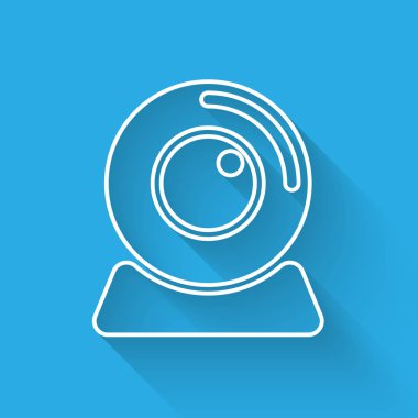 Uzun gölgeile yalıtılmış Beyaz Web kamera simgesi. Sohbet kamerası. Web kamerası simgesi. Vektör İllüstrasyonu