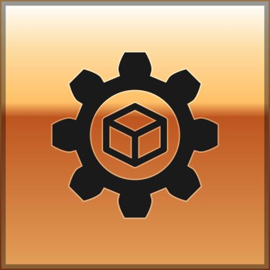 Altın arka planda yalıtılmış Siyah Ürün geliştirme simgesi. Dişli ve küp. Başlangıç koleksiyonundan ürün geliştirme sembolü tasarımı. Vektör İllüstrasyonu