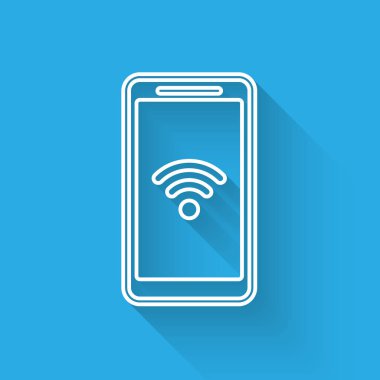 Uzun gölge ile izole ücretsiz wi-fi kablosuz bağlantı hattı simgesi ile Beyaz Smartphone. Kablosuz teknoloji, wi-fi bağlantısı, kablosuz ağ. Vektör İllüstrasyonu