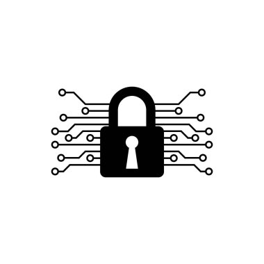 Siyah Siber güvenlik simgesi yalıtılmış. Dijital devre kartında kapalı asma kilit. Güvenlik konsepti. Dijital veri koruması. Vektör İllüstrasyonu