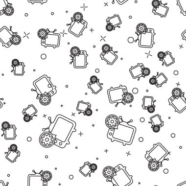 Siyah Tv ve dişli simgesi beyaz arka plan üzerinde sorunsuz desen izole. Televizyon hizmeti konsepti. Uygulamanın ayarlanması, seçenekleri ayarlama, bakım, onarım, sabitleme. Vektör İllüstrasyonu