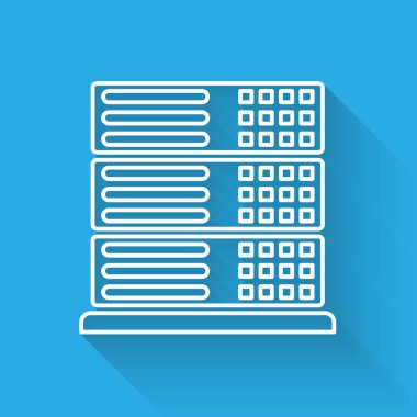 Beyaz Sunucu, Veri, Web Barındırma simgesi uzun gölge ile izole. Vektör İllüstrasyonu