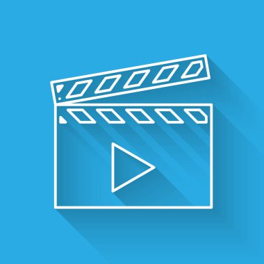 Beyaz Film clapper simgesi uzun gölge ile izole. Film clapper kurulu simgesi. Clapperboard işareti. Sinema üretimi veya medya endüstrisi kavramı. Vektör İllüstrasyonu