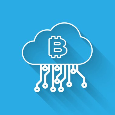 Beyaz Cryptocurrency bulut madenciliği çizgi simgesi uzun gölge ile yalıtılmış. Blockchain teknolojisi, bitcoin, dijital para piyasası, kripto para cüzdanı. Vektör İllüstrasyonu