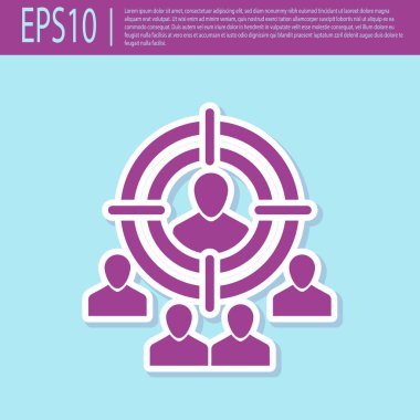 Retro mor Pazarlama hedef strateji kavram simgesi turkuaz arka plan izole. İnsanlar imza ile amaç. Düz tasarım. Vektör İllüstrasyonu