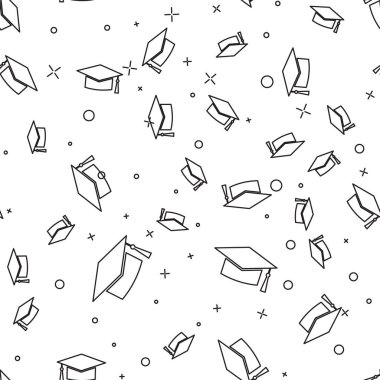 Siyah Mezuniyet kapağı simgesi beyaz arka plan üzerinde sorunsuz desen izole. Püskül simgesi ile Mezuniyet şapka. Vektör İllüstrasyonu