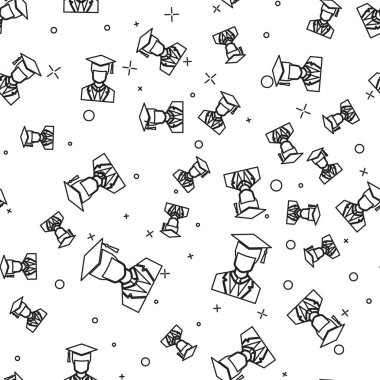 Beyaz arka plan üzerinde gece elbisesi ve mezuniyet kapağı simgesi izole dikişsiz desen ile Siyah Erkek lisansüstü öğrenci profili. Vektör İllüstrasyonu