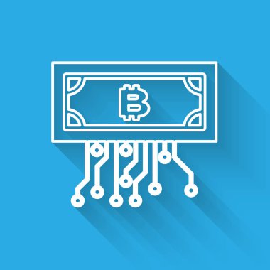 Beyaz Cryptocurrency kavramı bitcoin dairesel mikroçip devre hattı simgesi ile izole uzun gölge. Blockchain teknolojisi, dijital para piyasası. Vektör İllüstrasyonu