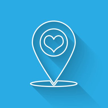 Uzun gölge ile izole kalp simgesi ile Beyaz Harita işaretçisi. Vektör İllüstrasyonu