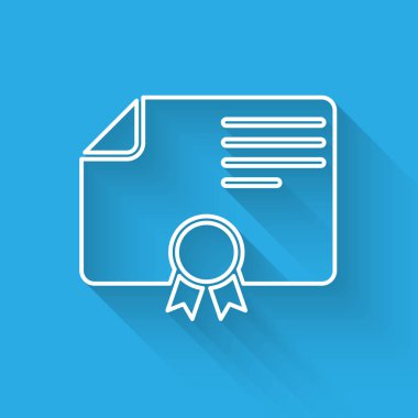 Beyaz Sertifika şablon simgesi uzun gölge ile yalıtılmış. Başarı, ödül, derece, hibe, diploma kavramları. İş başarı belgesi. Vektör İllüstrasyonu