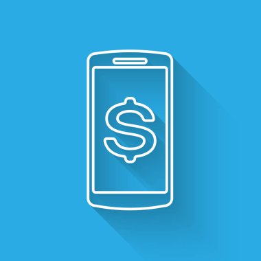 Uzun gölge ile izole dolar sembolü simgesi ile Beyaz Smartphone. Online alışveriş konsepti. Finansal cep telefonu simgesi. Çevrimiçi ödeme simgesi. Vektör İllüstrasyonu