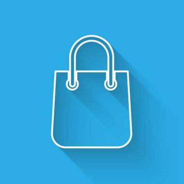 Beyaz Alışveriş çanta satır simgesi uzun gölge ile izole. Paket işareti. Vektör İllüstrasyonu