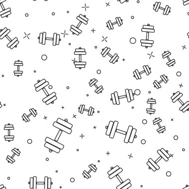 Siyah Dumbbell simgesi beyaz arka plan üzerinde sorunsuz desen izole. Kas kaldırma simgesi, fitness halter, spor salonu simgesi, spor ekipmanları sembolü, egzersiz bumbbell. Vektör İllüstrasyonu