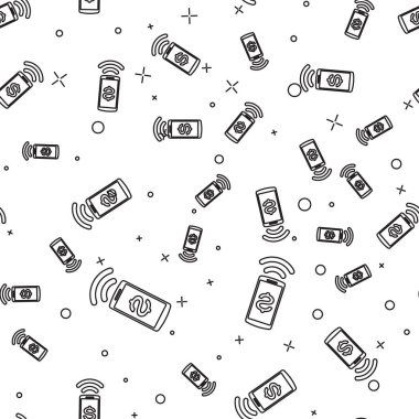 Siyah Temassız ödeme simgesi beyaz arka plan üzerinde sorunsuz desen izole. Mobil cüzdan teknolojisi, nfc, akıllı telefon ile kablosuz ödeme. Vektör İllüstrasyonu