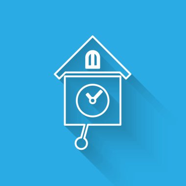 Beyaz Retro duvar saat hattı simgesi uzun gölge ile izole. Guguklu saat işareti. Antika sarkaçlı saat. Vektör İllüstrasyonu