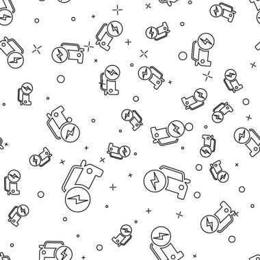 Siyah Elektrikli araba ve elektrik kablosu fişi şarj simgesi beyaz arka plan üzerinde izole dikişsiz desen. Yenilenebilir eko teknolojiler. Vektör İllüstrasyonu