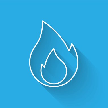 Beyaz Yangın alev hattı simgesi uzun gölge ile izole. Isı sembolü. Vektör İllüstrasyonu