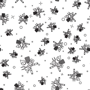 Siyah Çapraz çatal ve spatula çizgi simgesi beyaz arka plan üzerinde sorunsuz desen izole. Ateş alev işareti. Barbekü çatal ve spatula işareti. Barbekü ve ızgara aletleri. Vektör İllüstrasyonu