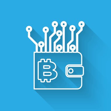 Beyaz Cryptocurrency cüzdan satır simgesi uzun gölge ile izole. Cüzdan ve bitcoin işareti. Madencilik konsepti. Para, ödeme, nakit, ödeme simgesi. Vektör İllüstrasyonu