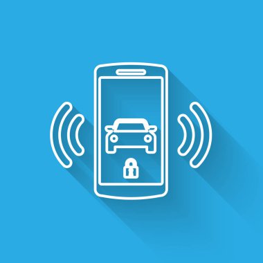 Beyaz Akıllı araba alarm sistemi hattı simgesi uzun gölge ile izole. Akıllı telefon kablosuz araç güvenliğini kontrol eder. Vektör İllüstrasyonu