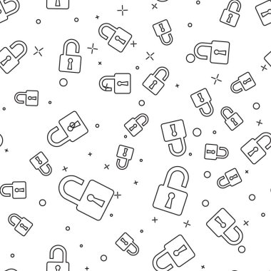 Siyah Açık asma kilit simgesi beyaz arka plan üzerinde sorunsuz desen izole. Kilit işaretini açtı. Siber güvenlik konsepti. Dijital veri koruması. Güvenlik güvenliği. Vektör İllüstrasyonu