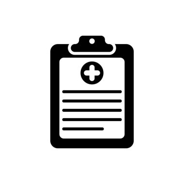 Beyaz arka planda izole klinik kayıt simgesi ile Siyah Tıbbi pano. Sağlık sigortası formu. Belge: klinik kayıt, reçete, tıbbi kontrol işaretleri raporu. Vektör İllüstrasyonu