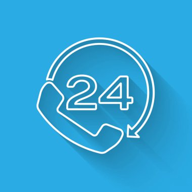 Beyaz Telefon 24 saat destek simgesi uzun gölge ile izole. Tüm gün müşteri desteği çağrı merkezi. Tam zamanlı arama hizmetleri. Vektör İllüstrasyonu