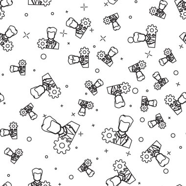 Siyah Profil ayarları simgesi beyaz arka planda sorunsuz desen yalıtılmış. Kullanıcı ayarı simgesi. Cogwheel işareti ile Profil Avatar. Hesap simgesi. Erkek silueti. Vektör İllüstrasyonu