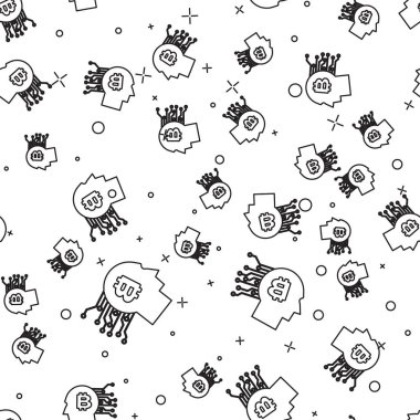 Siyah Bitcoin simgesi beyaz arka plan üzerinde sorunsuz desen izole düşünüyorum. Kripto para birimi başkanı. Blockchain teknolojisi, bitcoin, dijital para piyasası, kripto para cüzdanı. Vektör İllüstrasyonu