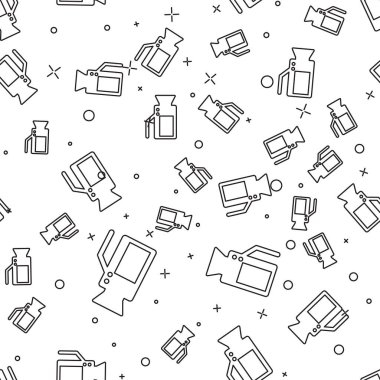 Siyah Sinema kamera ikonu beyaz arkaplanda kusursuz desen izole etti. Video kamera. Film tabelası. Film projektörü. Vektör İllüstrasyonu