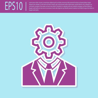 Retro mor İnsan kafası içinde dişli ile simge turkuaz arka plan üzerinde izole. Yapay zeka. Beyin işaretini düşünmek. Beynin sembol çalışması. Düz tasarım. Vektör İllüstrasyonu