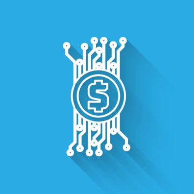 Beyaz Cryptocurrency kavramı bitcoin dairesel mikroçip devre hattı simgesi ile izole uzun gölge. Blockchain teknolojisi, dijital para piyasası. Vektör İllüstrasyonu