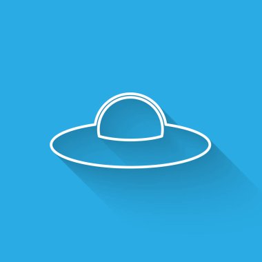 Beyaz Ufo uçan uzay gemisi çizgi simgesi uzun gölge ile izole. Uçan. Uzaylı uzay gemisi. Fütüristik bilinmeyen uçan nesne. Vektör İllüstrasyonu