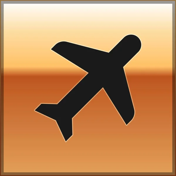 Czarna płaszczyzna ikona wyizolowana na złotym tle. Latająca ikona samolotu. Znak Airliner. Ilustracja wektorowa — Wektor stockowy