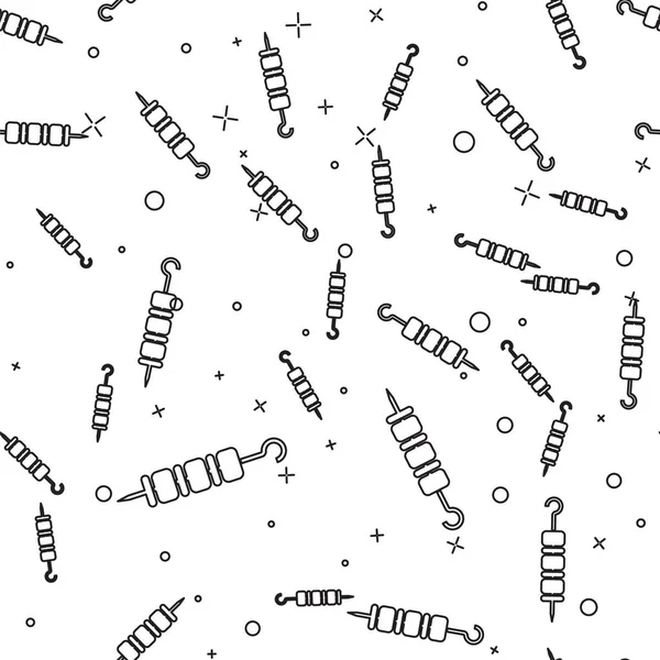 Şiş sopa çizgi simgesi beyaz arka plan üzerinde izole dikişsiz desen siyah Izgara şiş kebap. Şiş çubuğunda et kebabı. Izgara etle piknik. Vektör İllüstrasyonu