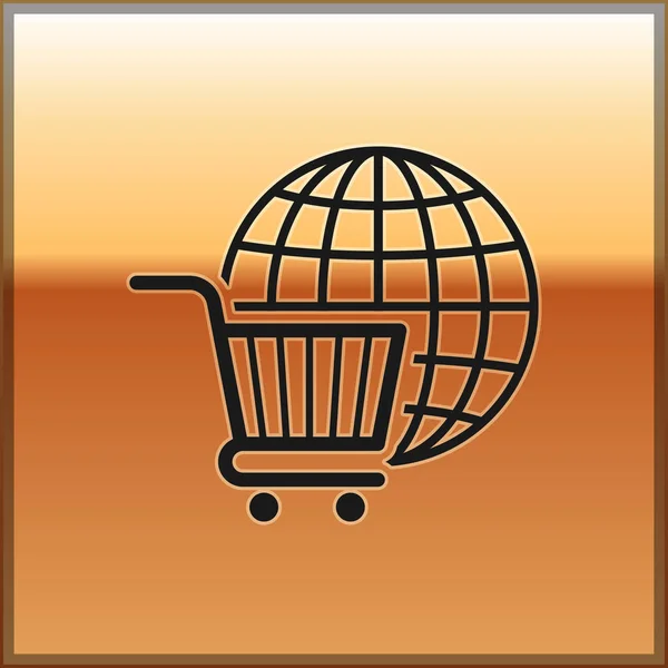 Schwarzer Warenkorb mit Globus-Symbol auf goldenem Hintergrund. Online-Kaufkonzept. globales Marktkonzept. Supermarkt-Warenkorb Symbol. Vektorillustration — Stockvektor