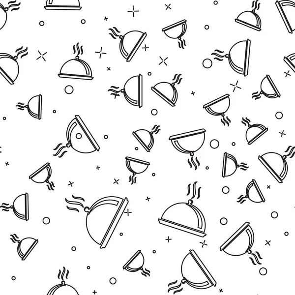 Siyah beyaz arka plan üzerinde izole dikişsiz desen gıda simgesi bir tepsi ile kaplı. Tepsi ve kapak işareti. Kapaklı restoran cloche. mutfak sembolü. Vektör İllüstrasyonu