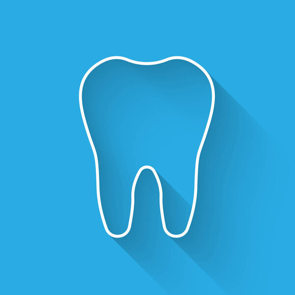 White Tooth icon isolated with long shadow. Tooth symbol for dentistry clinic or dentist medical center and toothpaste package. Vector Illustration