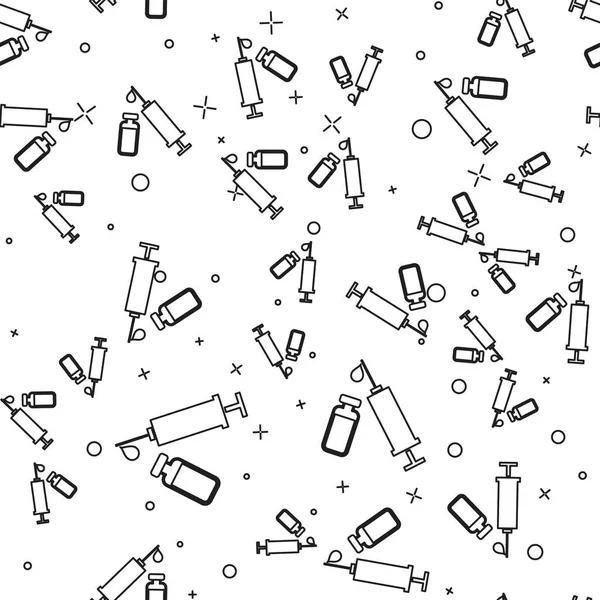 İğne ve şişe veya ampul simgesi beyaz arka plan üzerinde izole dikişsiz desen ile Siyah Tıbbi şırınga. Aşı, enjeksiyon, aşı, insülin kavramı. Vektör İllüstrasyonu