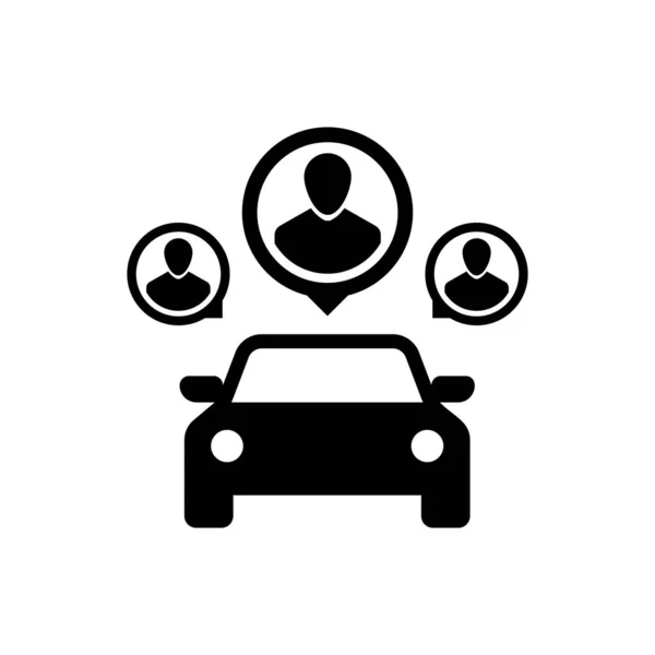 Czarny samochód dzielenie się z grupą ludzi ikona na białym tle. Znak Carsharing. Koncepcja usługi wynajmu transportu. Ilustracja wektorowa — Wektor stockowy