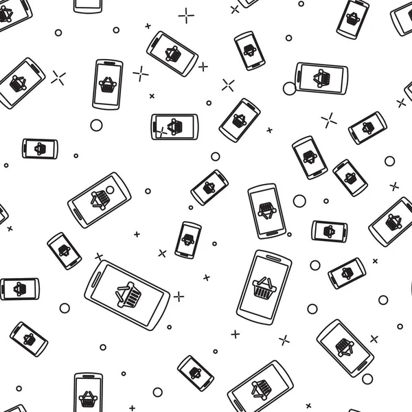 Μαύρο καλάθι αγορών στο εικονίδιο smartphone οθόνης απομονωμένη απρόσκοπτη μοτίβο σε λευκό φόντο. Concept ηλεκτρονικό εμπόριο, ηλεκτρονικές επιχειρήσεις, διαδικτυακό μάρκετινγκ. Απεικόνιση διανυσματικών φορέων — Διανυσματικό Αρχείο