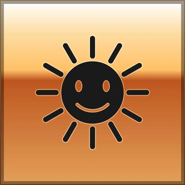 Noir Mignon soleil avec icône sourire isolé sur fond or. Drôle de soleil souriant. Joyeux sourire ensoleillé. Illustration vectorielle — Image vectorielle