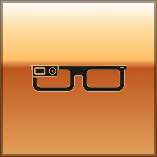 Černé chytré brýle připevněné na ikoně brýlí, izolované na zlatém pozadí. S fotoaparátem a displejí, které jsou vybaveny na orné půdě. Vektorová ilustrace — Stockový vektor