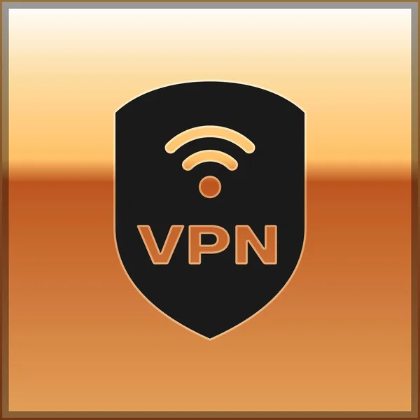Black Shield com VPN e ícone de símbolo de rede de internet sem fio wi-fi isolado em fundo dourado. VPN proteger conceito de segurança. Ilustração vetorial — Vetor de Stock