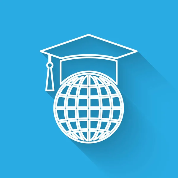 Casquette graduée blanche sur l'icône du globe isolé avec une ombre longue. Symbole mondial de l'éducation. Concept d'apprentissage en ligne ou d'apprentissage en ligne. Illustration vectorielle — Image vectorielle